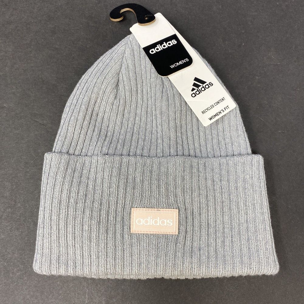 Adidas Winter Stocking Hat Adult Womens Cap Beanie Knit, Cuff off Fold Grey Pink